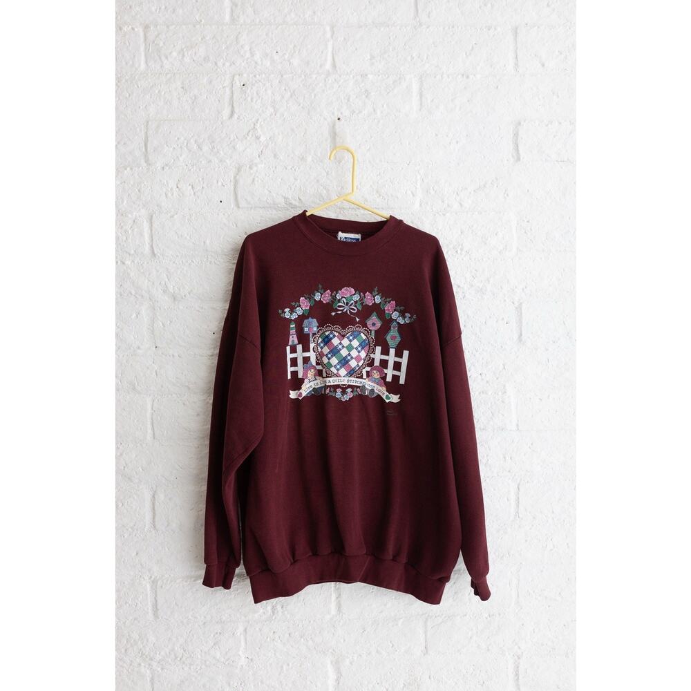 Vintage 90’s Endless Designs Quilted Heart Floral Crewneck Sweatshirt Burgundy